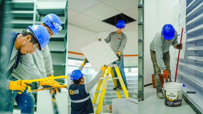 Cuadrilla de mantenimiento de GDS trabajando en el mobiliario de una tienda retail fuera del horario de atención