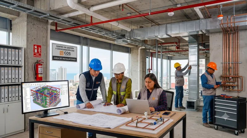 Equipo técnico de GDS revisando un modelo BIM tridimensional en pantalla junto a planos impresos de un local comercial